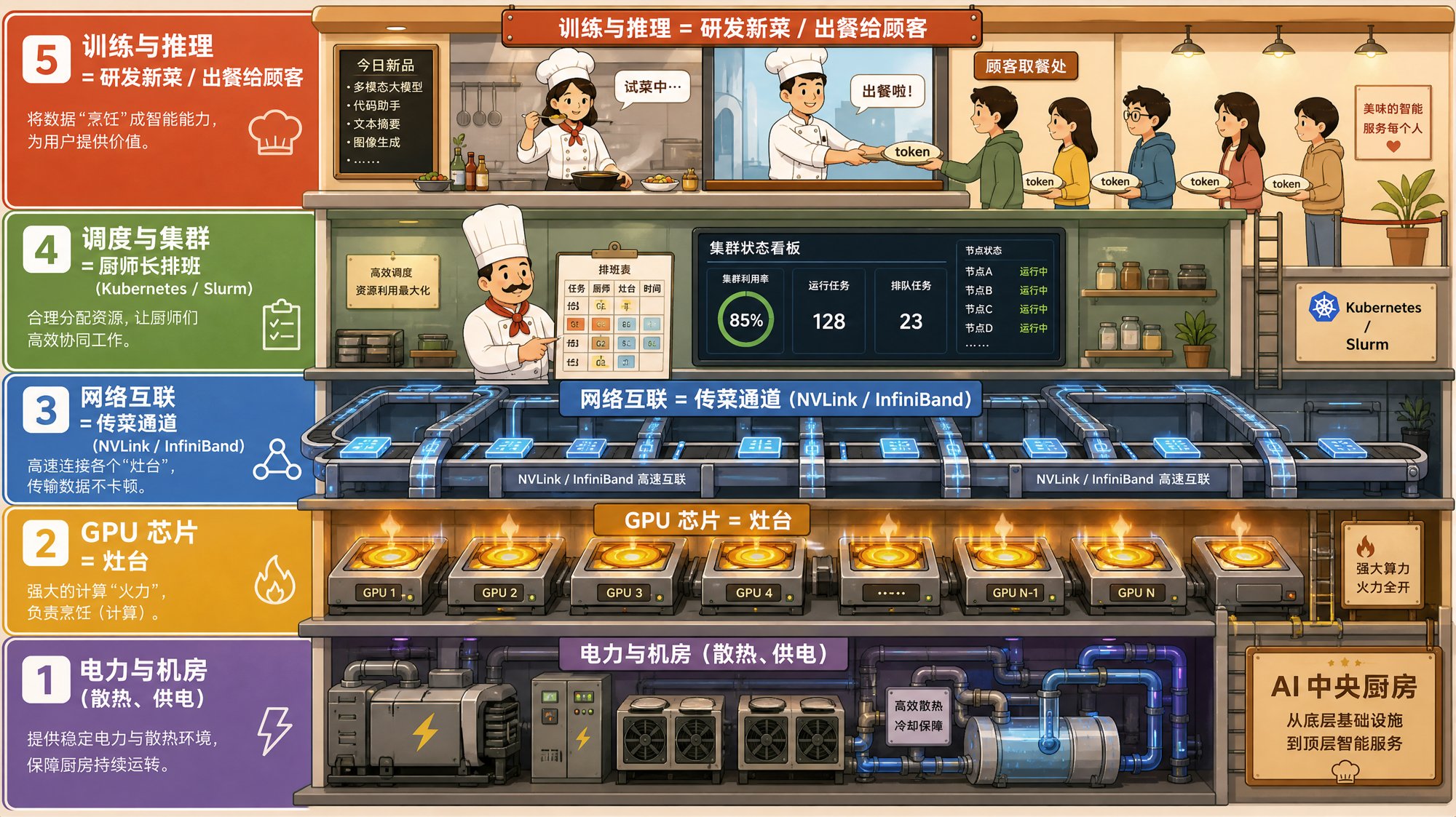AI 基础设施的中央厨房比喻图